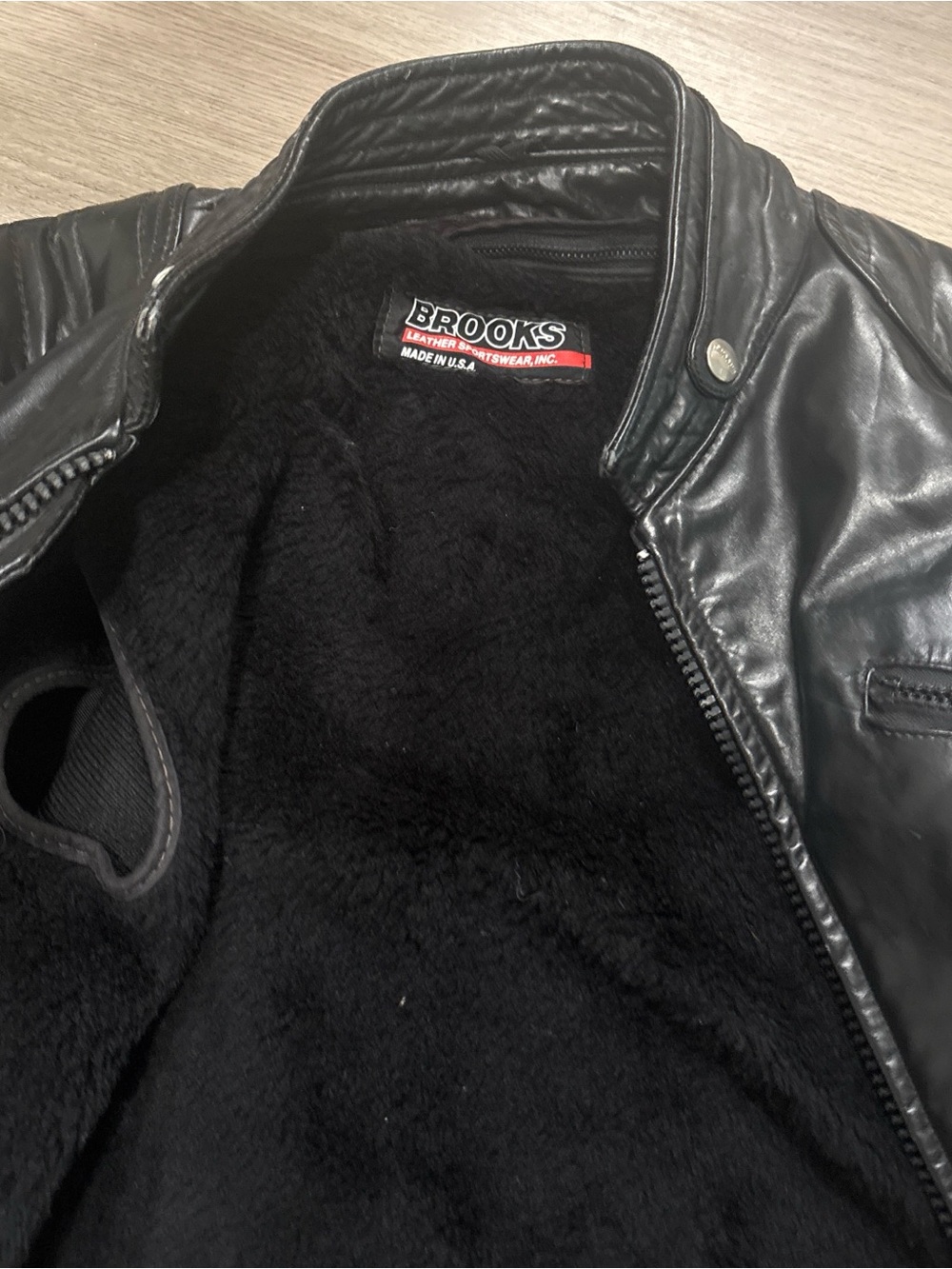 Brooks Black Leather Bomber Jacket with Sherpa Lining